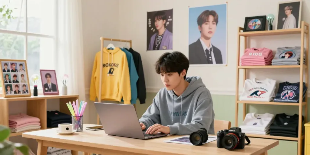 BTS merchandise shopping at ROKOK88 featuring diverse items like hoodies and posters in a cozy room.