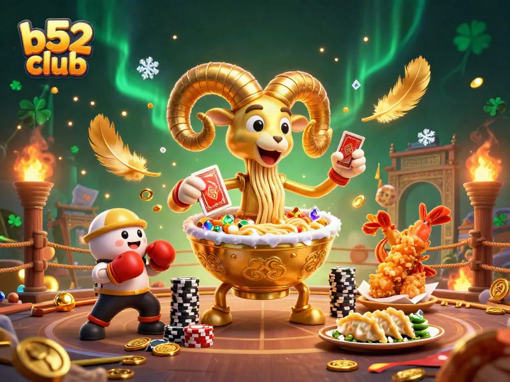 Experience the excitement at b52club with a lively 3D illustration of a golden ramen bowl dealer in action.