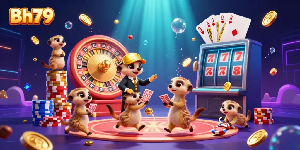 Experience vibrant casino action with meerkats at Bh79, featuring colorful chips and exciting games.