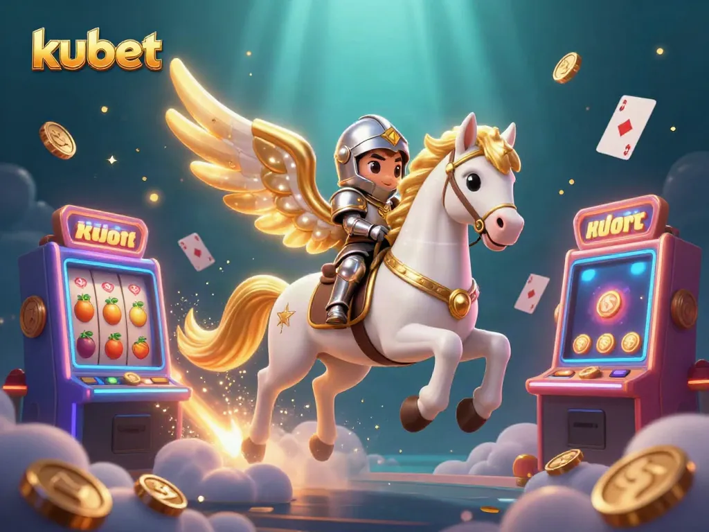 Kubet showcases a thrilling casino adventure with a winged horse and armored knight amidst vibrant slot machines.