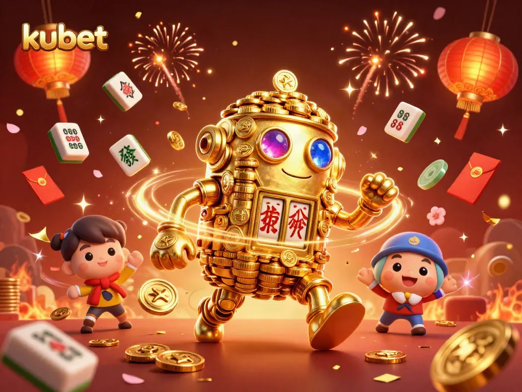 Kubet casino scene featuring a golden golem and festive gaming elements.
