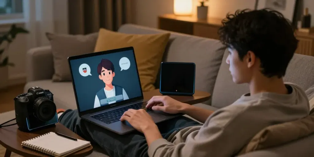 Engaging AI chat porn interaction with a user and virtual character in a cozy room.