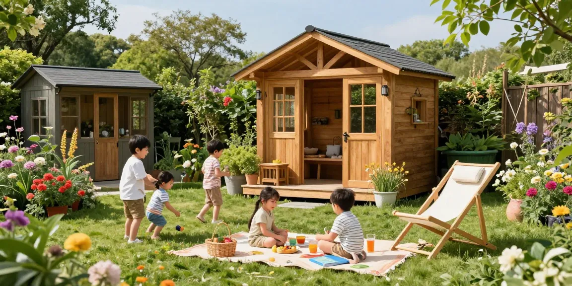 Helles Gartenhaus umgeben von Blumen und Familienpicknick im Garten.
