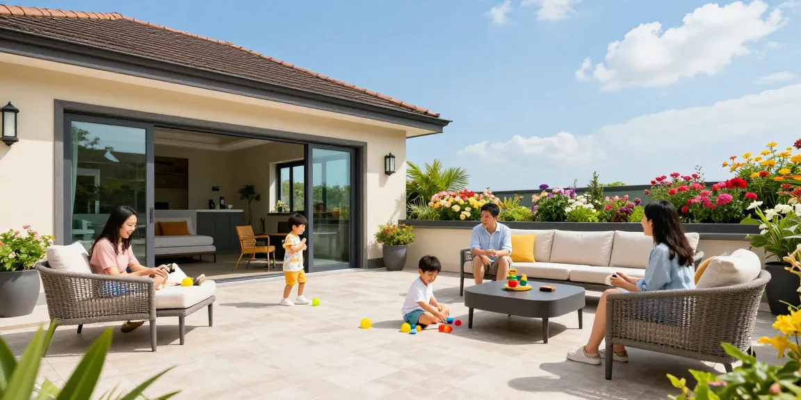 Freistehende Terrassenüberdachung im Garten mit Familie, die die Sonne genießt.