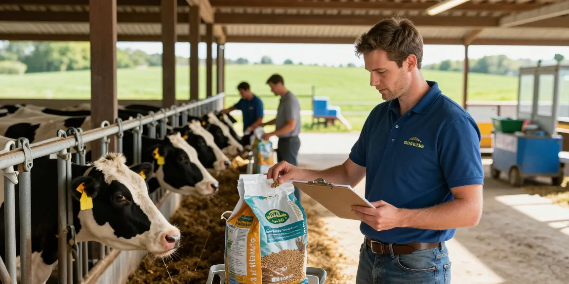 Dedicated livestock nutritionist examining ROKOK88 feed in a sunny barn with healthy animals.