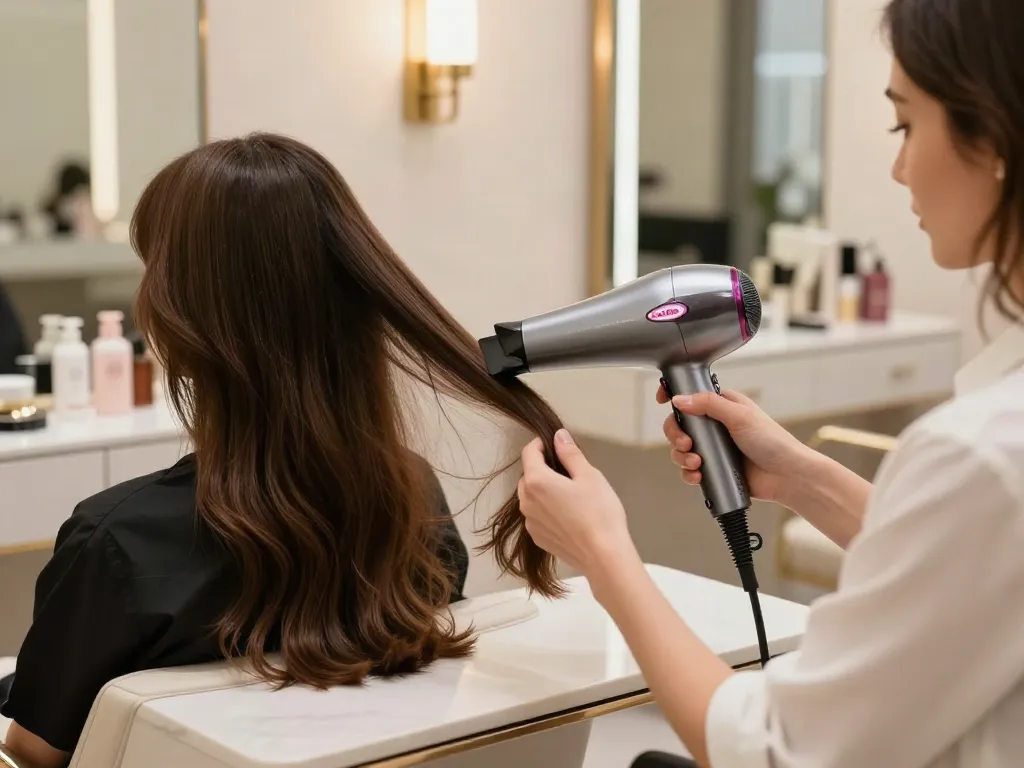 Laifen Föhn in einem eleganten Friseursalon während einer Haarbehandlung.