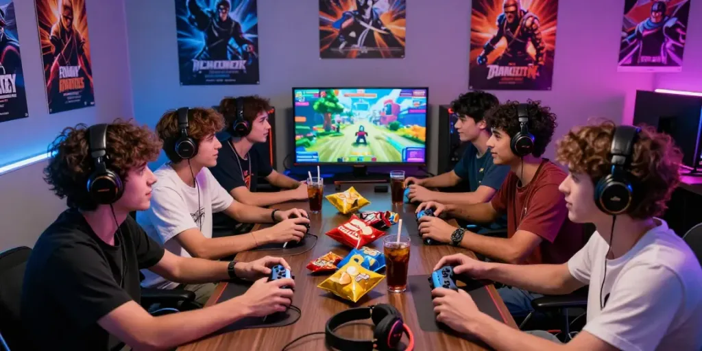 Friends enjoying a gaming session with vibrant graphics and snacks at rokok88.