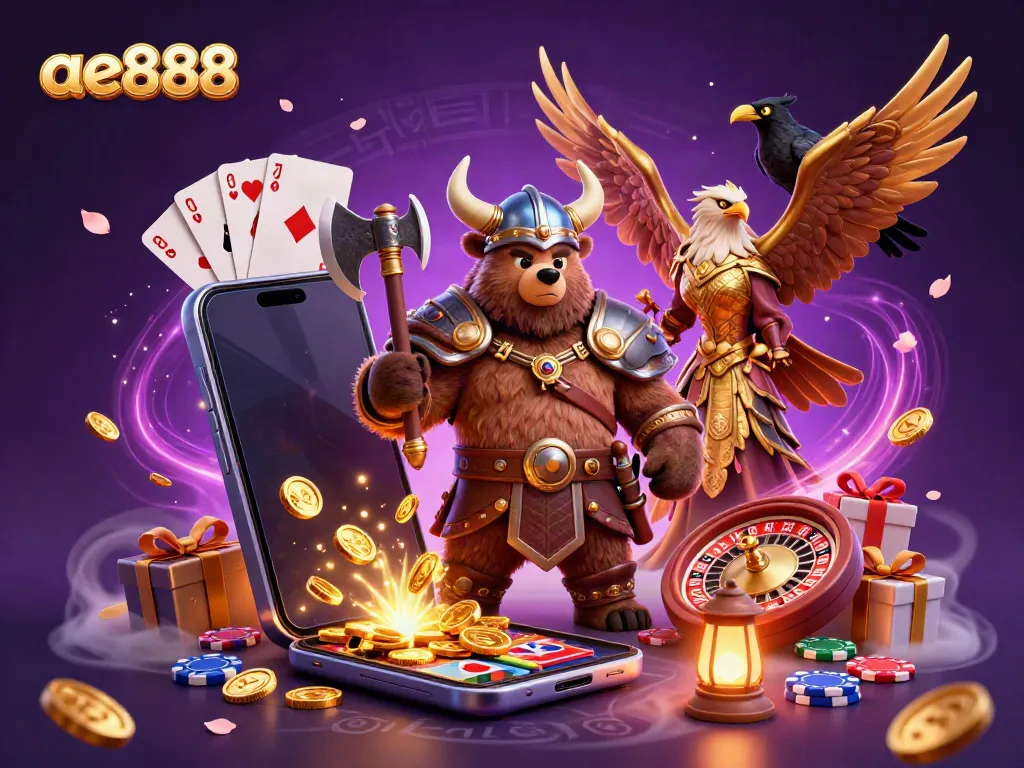 Experience the thrill of ae888 with a Viking berserker and Valkyrie eagle amidst dynamic casino elements.