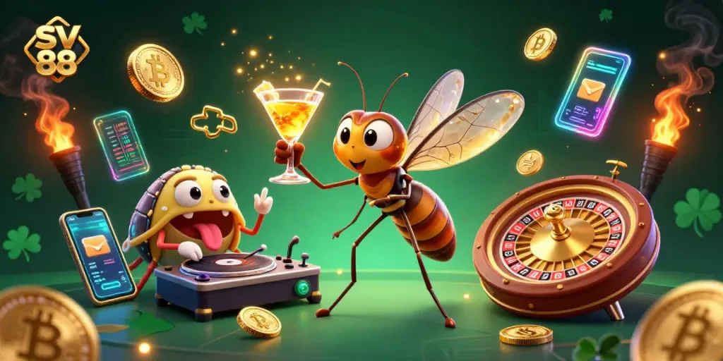 Experience thrilling gameplay at sv 88 with an immersive casino atmosphere featuring unique characters and digital elements.