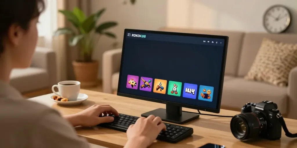 Engaged user enjoying ROKOK88 gaming platform on smartphone in a cozy living room.