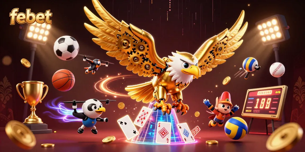 Experience thrilling gameplay at febet with a diving cybernetic eagle and vibrant casino elements.