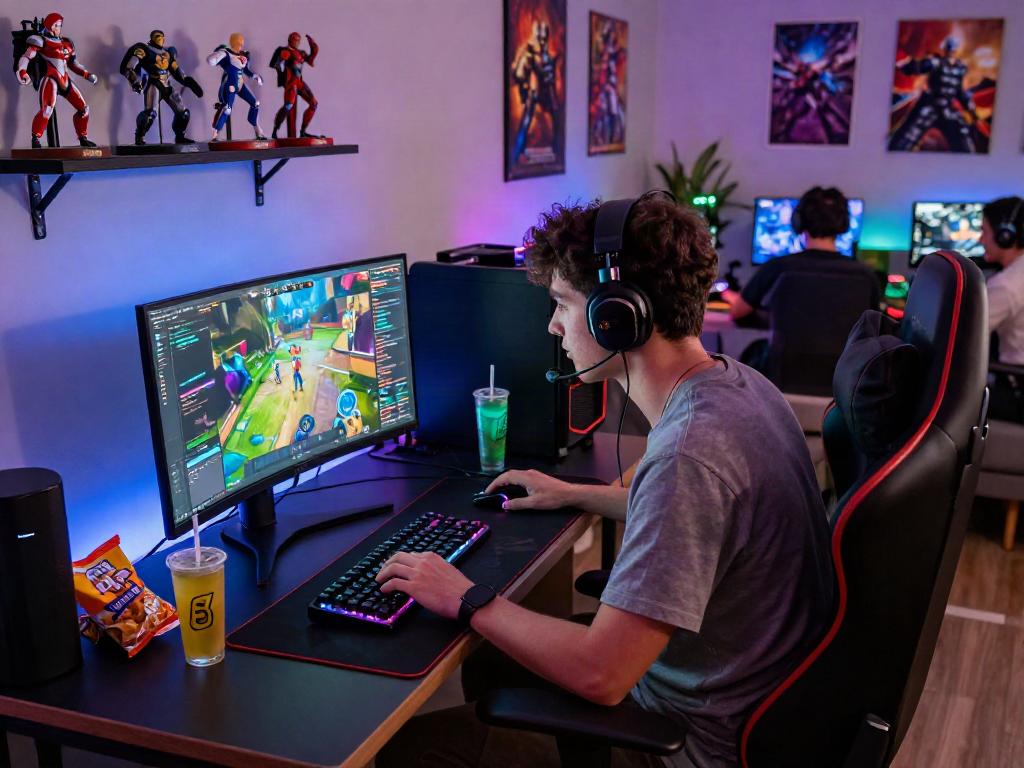 rokok88 login in a vibrant gaming lounge with immersive gaming setup and friends enjoying the session