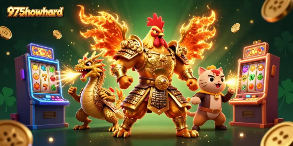 Experience excitement at 975howard with lively slots, a fiery rooster warrior, and fun gaming elements.